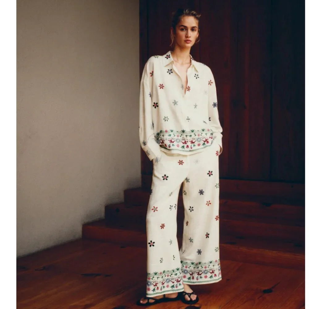 Zara White Floral Cropped Wide Legs Pants NWT